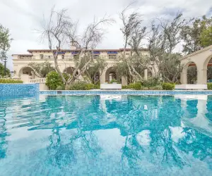 Poolside patio with a hanging chair and flowering shrubs