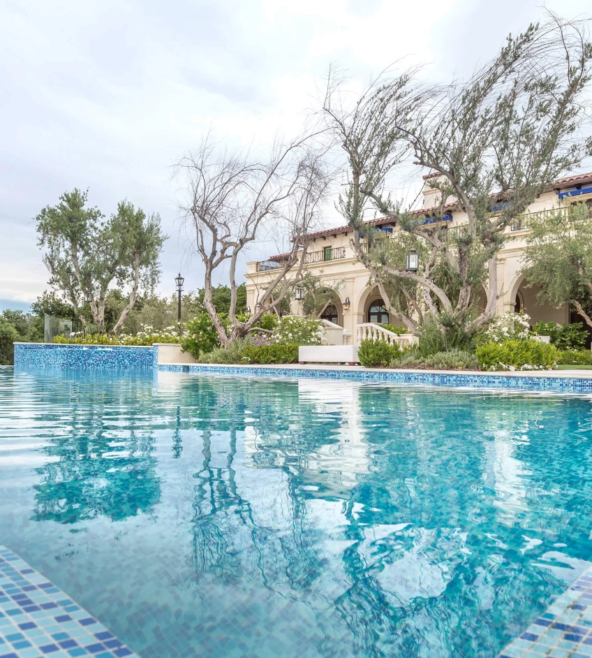 Garden pool with purple flowers, a white bench under a large tree, and mountains beyond